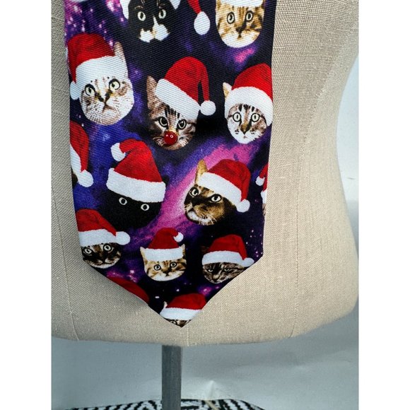 Knotty and Nice Holiday Space Cats Tie OS Purple, red Christmas Cats Space Pol - Picture 13 of 16
